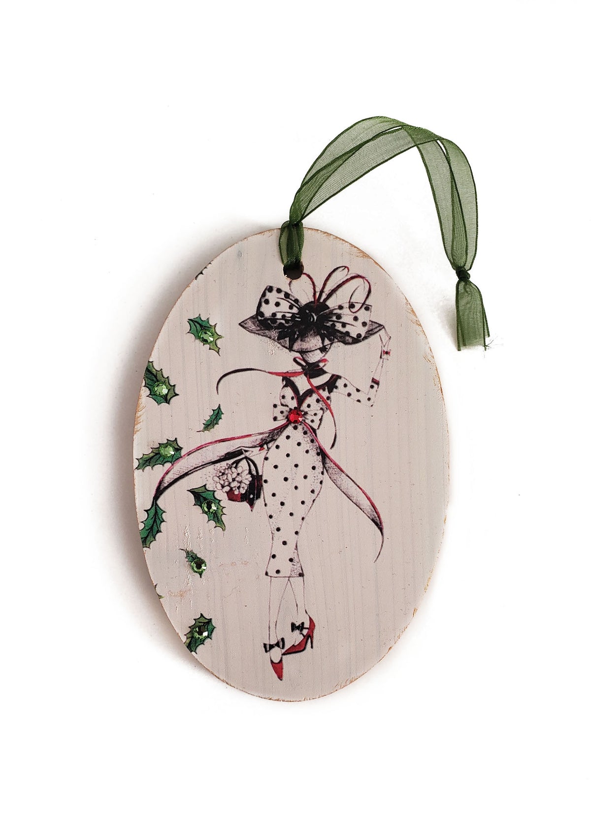 Hand painted wood ornament featuring MeowCleeva® in her polka dot ensemble, adorned with Swarovski crystals. Holly border. One of a kind. $125.
