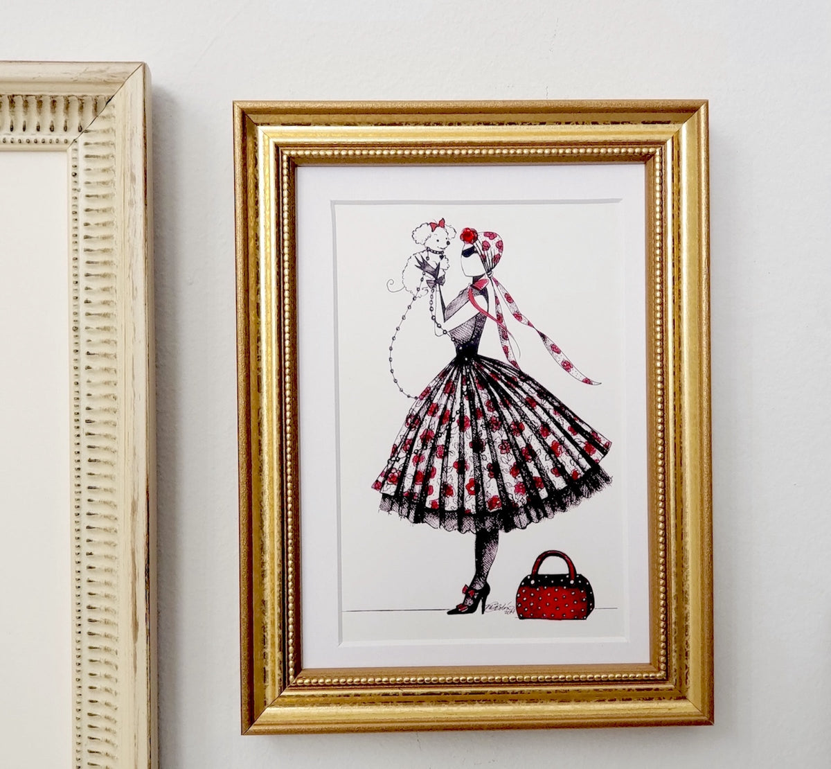 5x7" Framed illustration of MeowCleeva  with black and red  floral dress with a matching handbag MeowCleeva® art print in gold  wood frame, bedroom decor