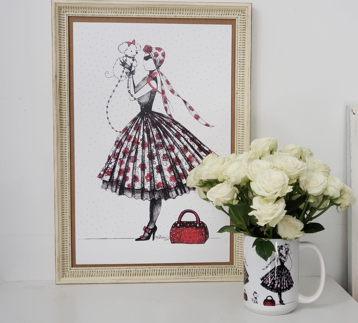 MeowCleeva® art print in an ornate white frame, wall decor and ceramic mug vase 