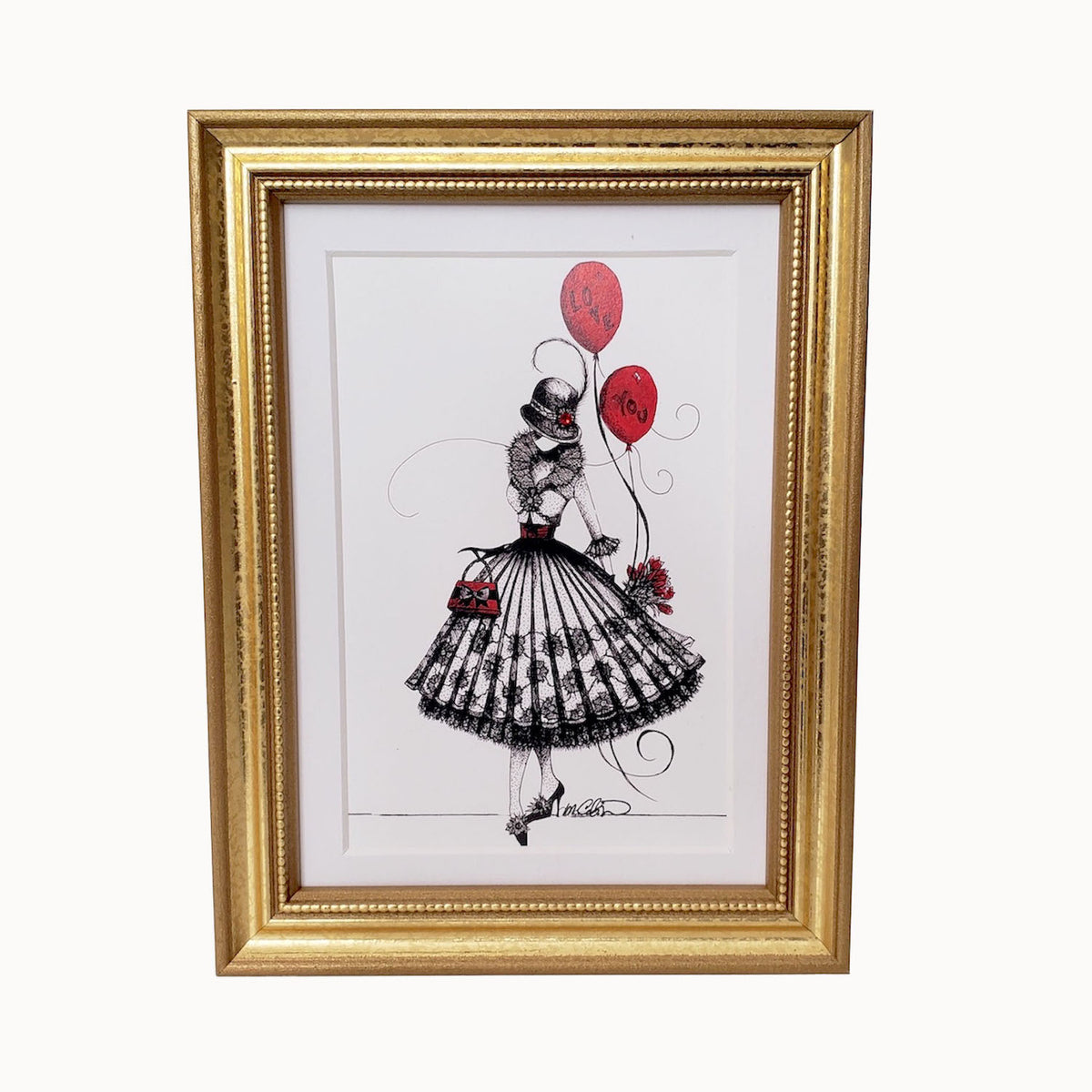 Framed artwork of a stylized illustration of MeowCleeva®with a gold frame