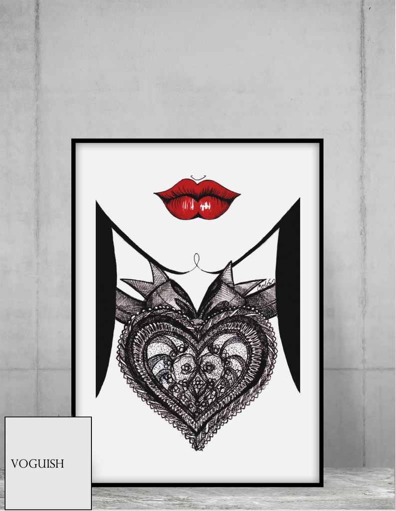 long neck-and-lips-image-with-lace-heart-red-lips-white-background-print-in-black-picture-frame-red-lips-illustration-for-home-decor