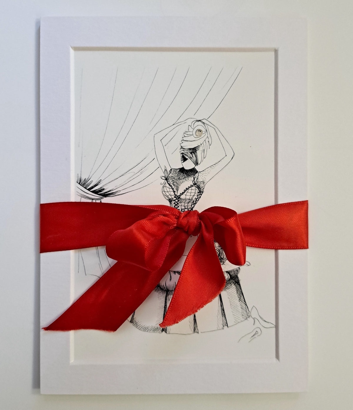 Matted with bow: Before the Curtain MeowCleeva matted art print red vintage satin ribbon gift ready handmade NYC