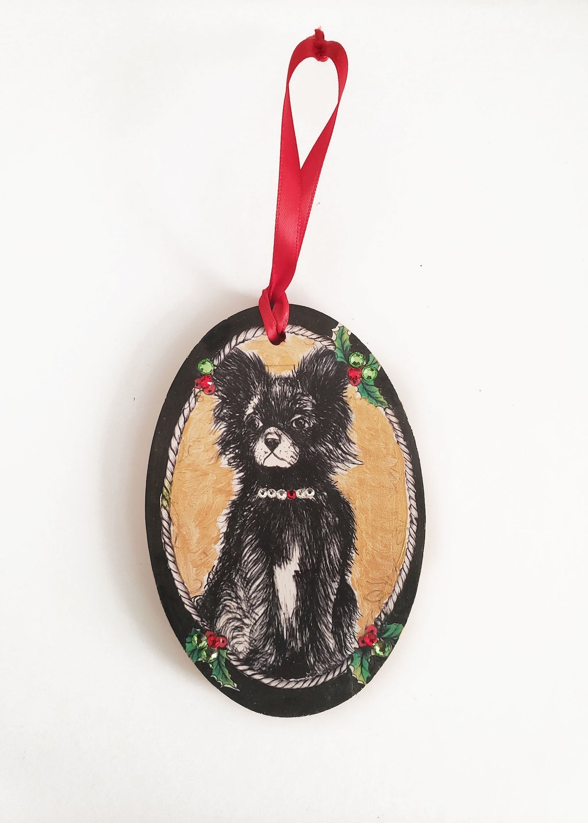 Most detailed hand painted Chihuahua wood ornament — Swarovski crystal collar, gold background, holly border. One of a kind. Perfect gift for Chihuahua lovers. $180.