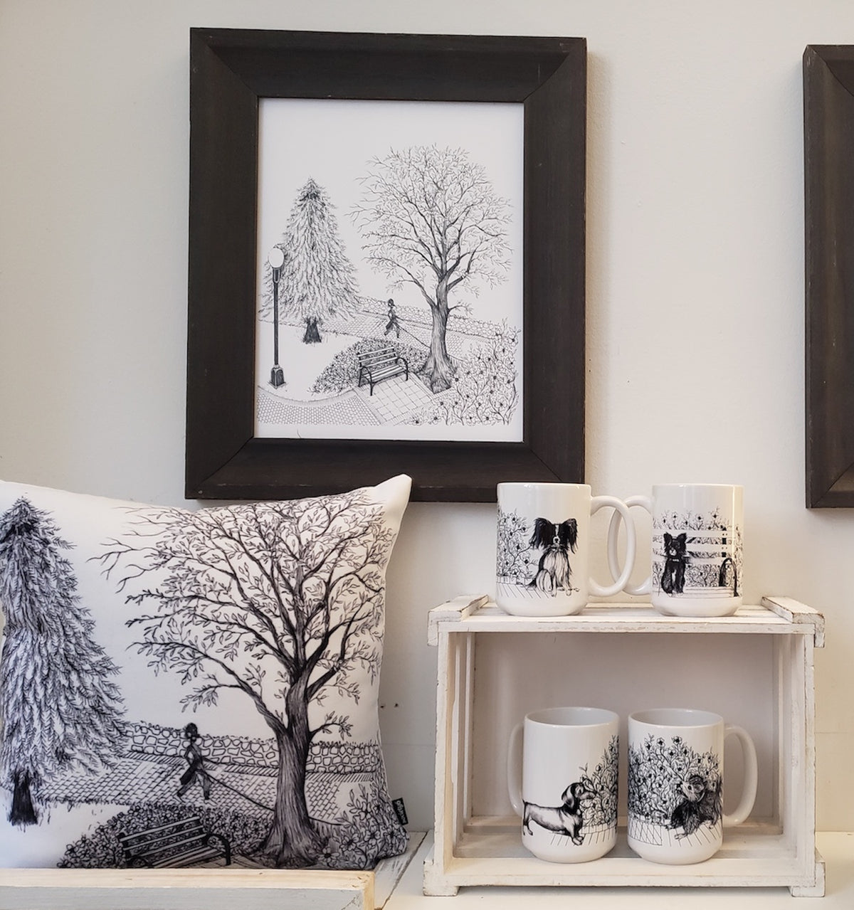  wall art, pillow and different dog breeds illustrations on  white ceramic mugs. 
