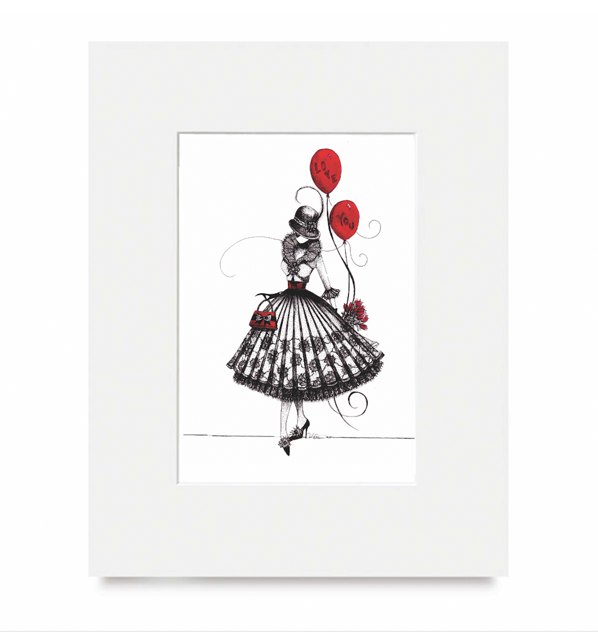 8x10" matted print  artwork of a black and white illustration of the character MeowCleeva with red balloons with the the words love you. By artist Martha Colón