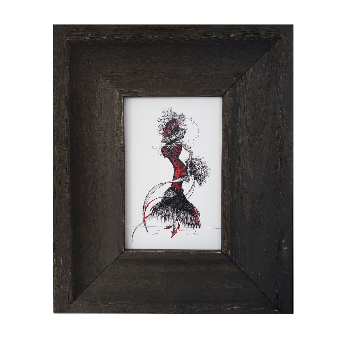 Framed artwork of fashionable MeowCleeva  in a red dress with a black frame. by Martha Colón