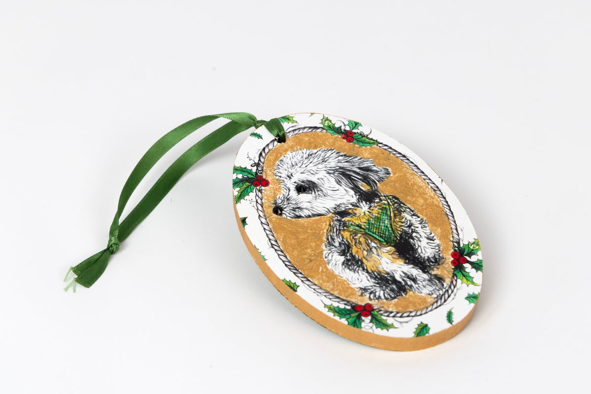 Hand painted Poodle wood ornament adorned with Swarovski crystals. Gold background, holly border, satin ribbon. One of a kind. Perfect gift for poodle lovers. $160.