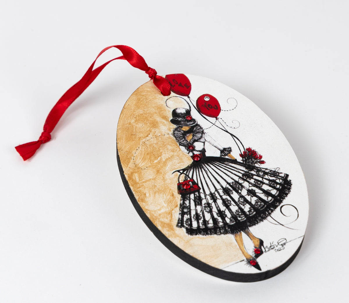 Best selling hand painted wood ornament featuring MeowCleeva® with red Love You balloons, adorned with Swarovski crystals. Perfect Valentine's or holiday gift. $150.
