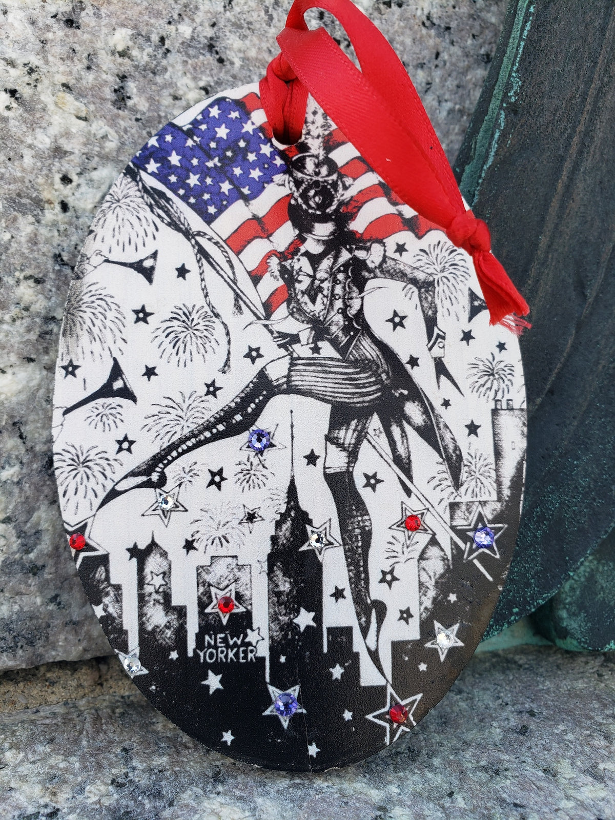 The Showstopper MeowCleeva 250th anniversary hand painted wood ornament American flag NYC skyline Swarovski crystals red satin ribbon Martha Colón