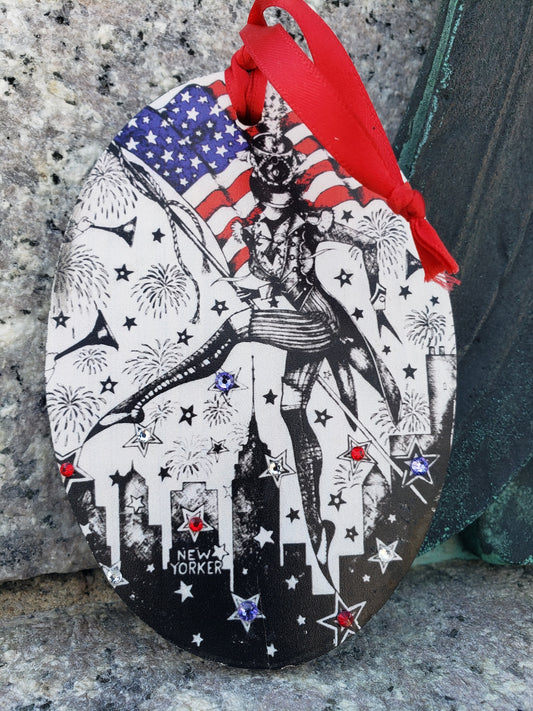 The Showstopper MeowCleeva 250th anniversary hand painted wood ornament American flag NYC skyline Swarovski crystals red satin ribbon Martha Colón