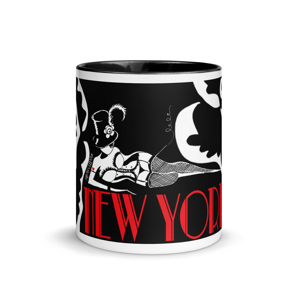 A black and red coffee cup with a design of a woman in a cabaret pose, text reading 'NEW YORK', and a silhouette of the Statue of Liberty.