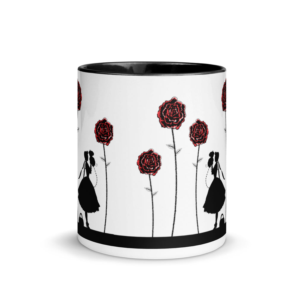 Mug with red roses and black silhouettes on a white background