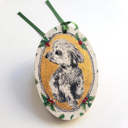 Hand painted Poodle wood ornament adorned with Swarovski crystals. Gold background, holly border, satin ribbon. One of a kind. Perfect gift for poodle lovers. $160.
