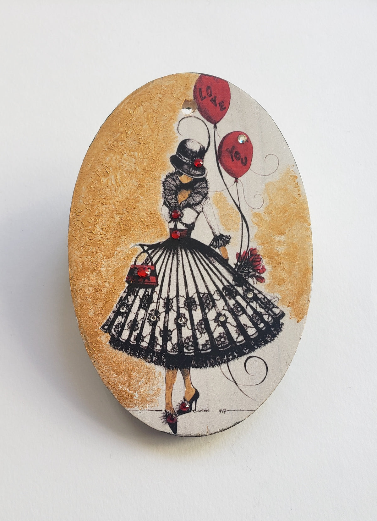 Best selling hand painted wood ornament featuring MeowCleeva® with red Love You balloons, adorned with Swarovski crystals. Perfect Valentine's or holiday gift. $150.