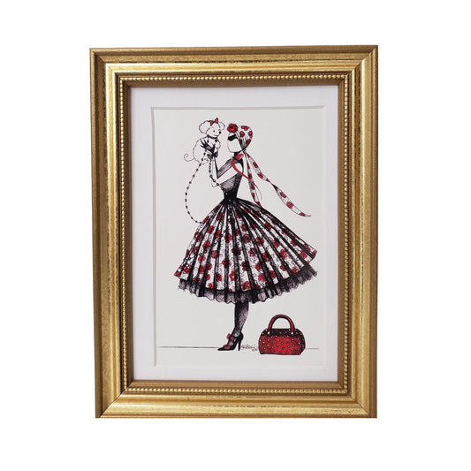 5x7" Framed illustration of MeowCleeva  with black and red dress with a matching handbag MeowCleeva® art print in gold  wood frame, bedroom decor