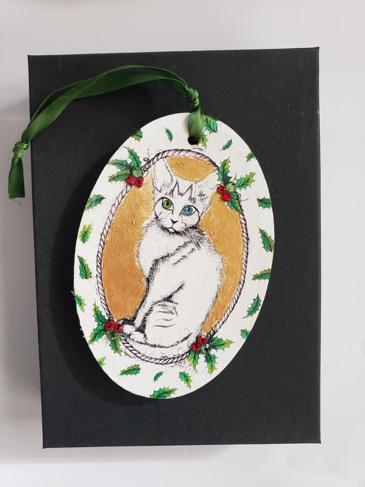 Ziggy Purrsdust heterochromia cat holiday wood ornament black gift box packaging green ribbon MeowCleeva NYC