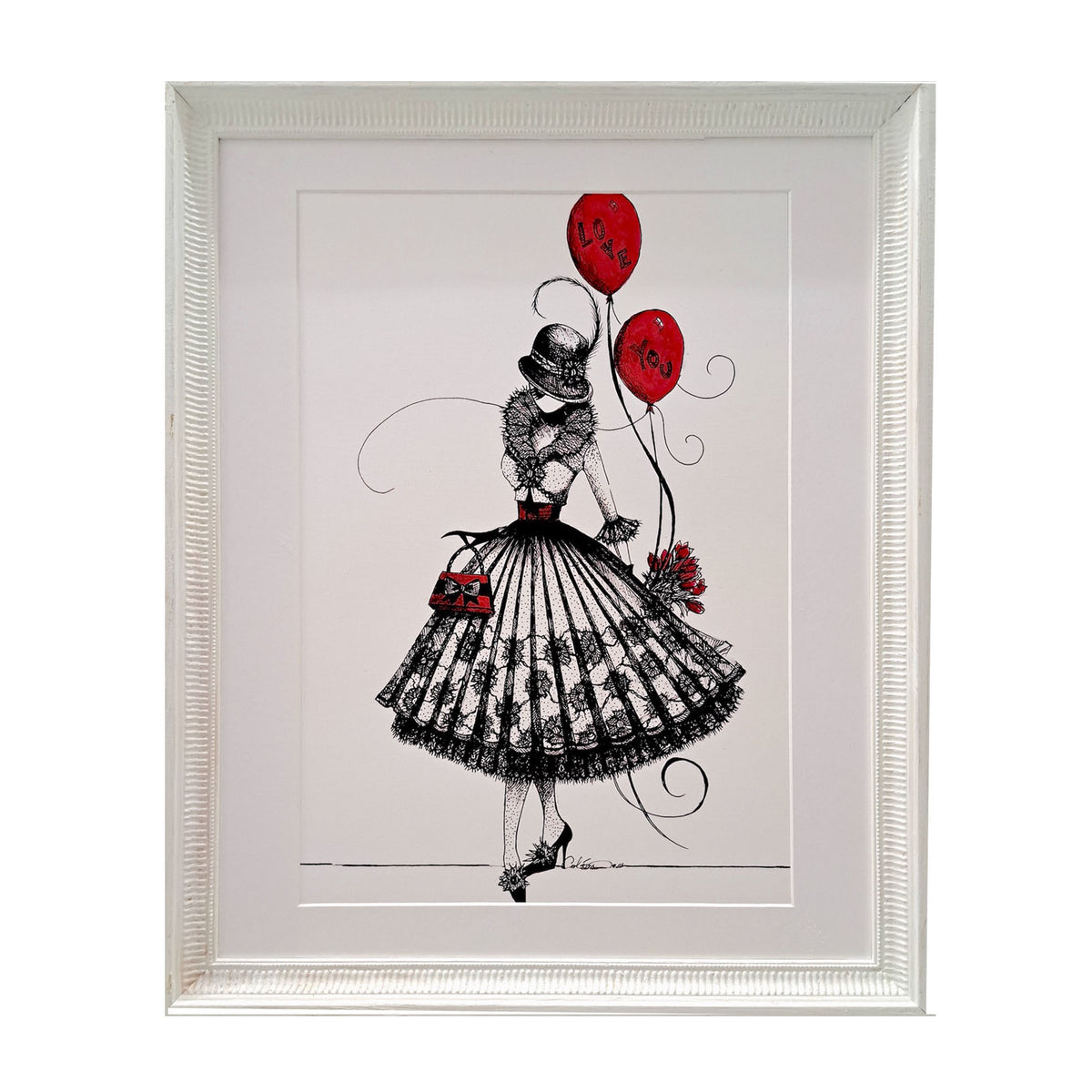 Framed artwork on a white ornate frame of MeowCleeva® with red balloons by Martha Colón