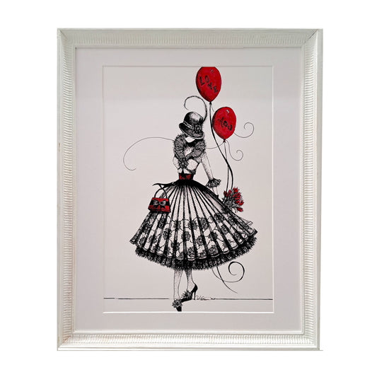 Framed artwork on a white ornate frame of MeowCleeva® with red balloons by Martha Colón