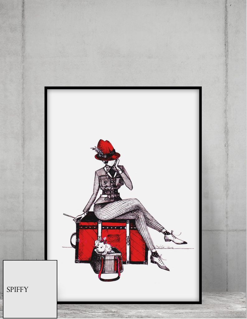 lady sitting on red suitcase. vintage style. travels in style print