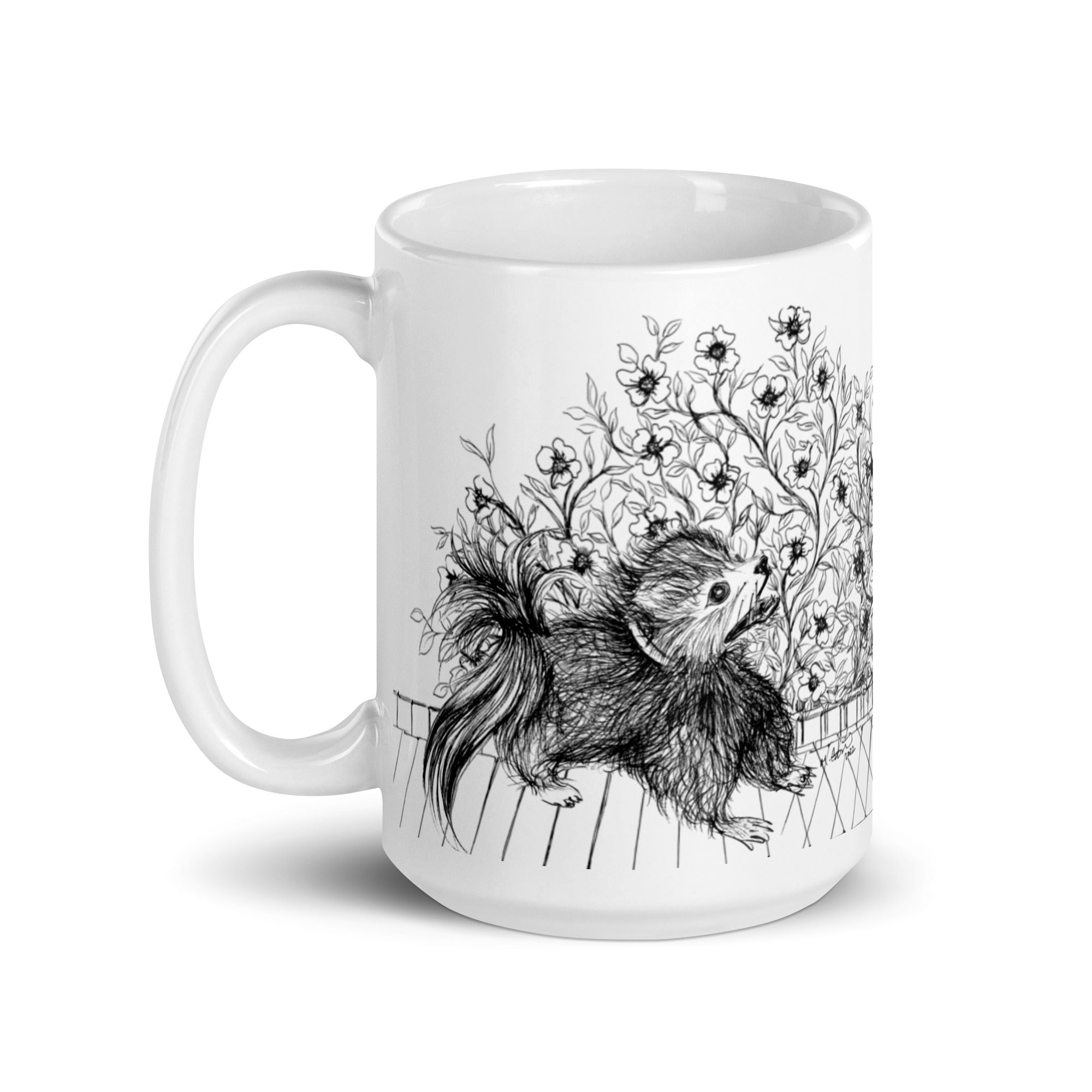 White mug with a black and white illustration of a  stylized pomeranian and flowers MeowCleeva by Martha Colón