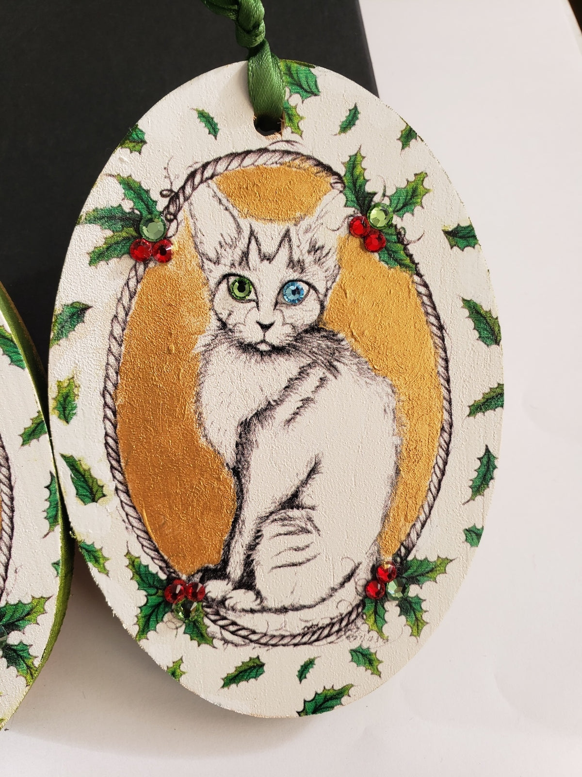 Close up Ziggy Purrsdust white cat one green one blue Swarovski crystal eyes holiday ornament holly border NYC handmade