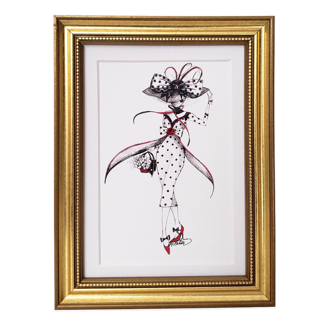 Dots at the Matinee 5x7 matted art print, MeowCleeva in a polka dot dress