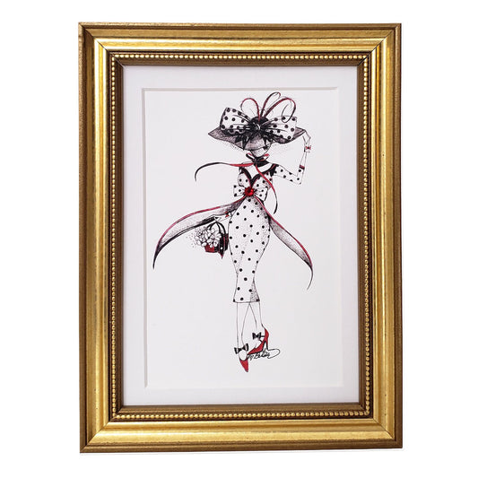 Dots at the Matinee 5x7 matted art print, MeowCleeva in a polka dot dress