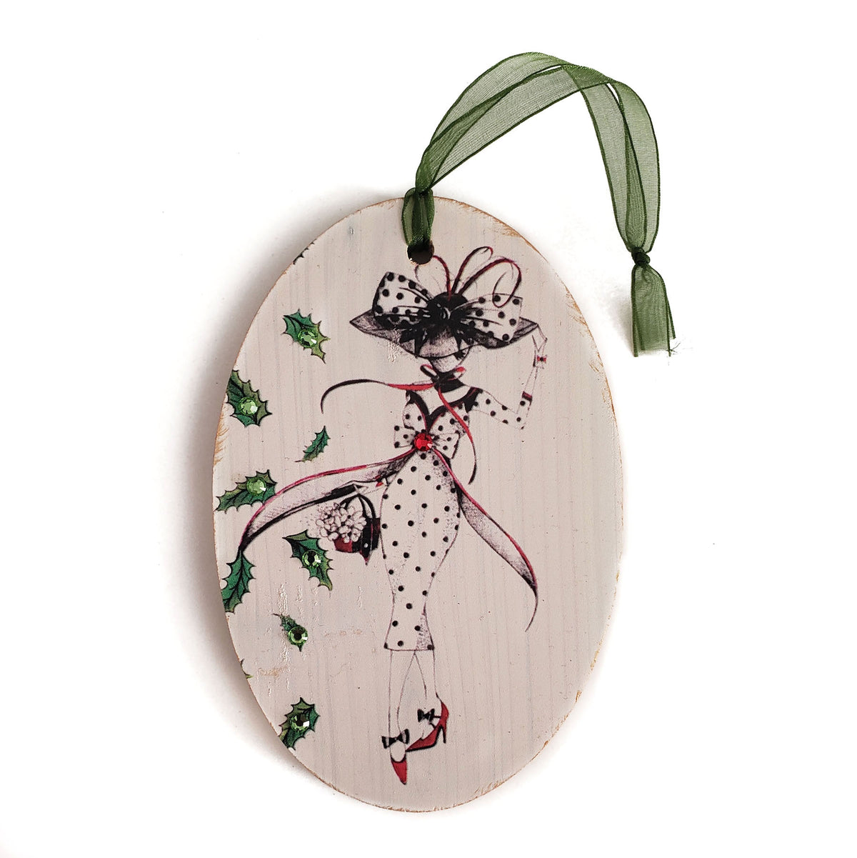 Hand painted wood ornament featuring MeowCleeva® in her polka dot ensemble, adorned with Swarovski crystals. Holly border. One of a kind. $125.