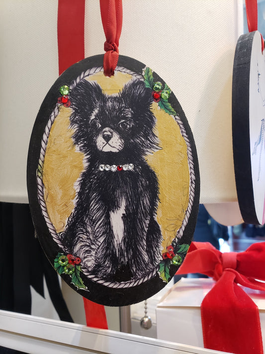 Most detailed hand painted Chihuahua wood ornament — Swarovski crystal collar, gold background, holly border. One of a kind. Perfect gift for Chihuahua lovers. $180.