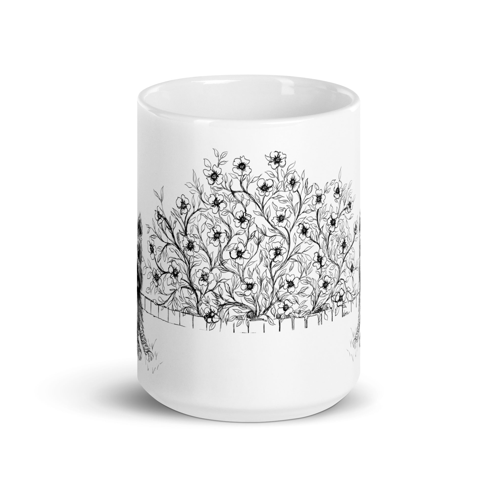 tube shape white ceramic mug with tones of gray and black  floral pattern by Martha Colón