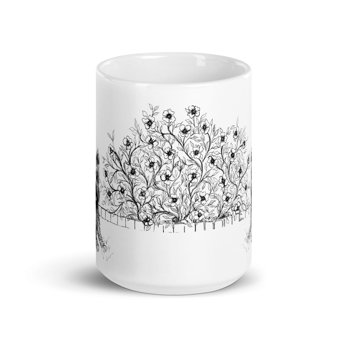 tube shape white ceramic mug with tones of gray and black  floral pattern by Martha Colón