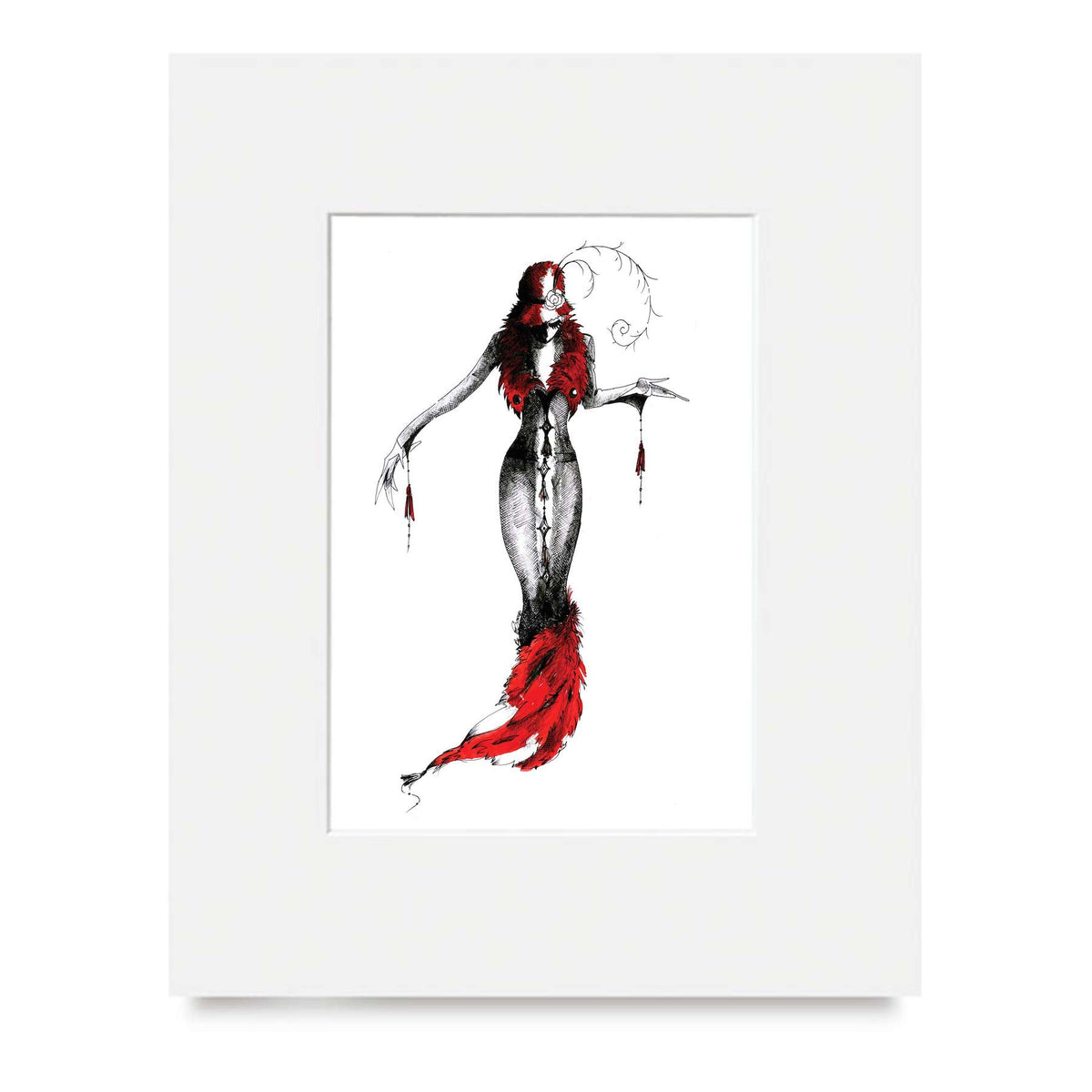 8x10" Artistic illustration print of the character MeowCleeva with red and black elements on a white mat 