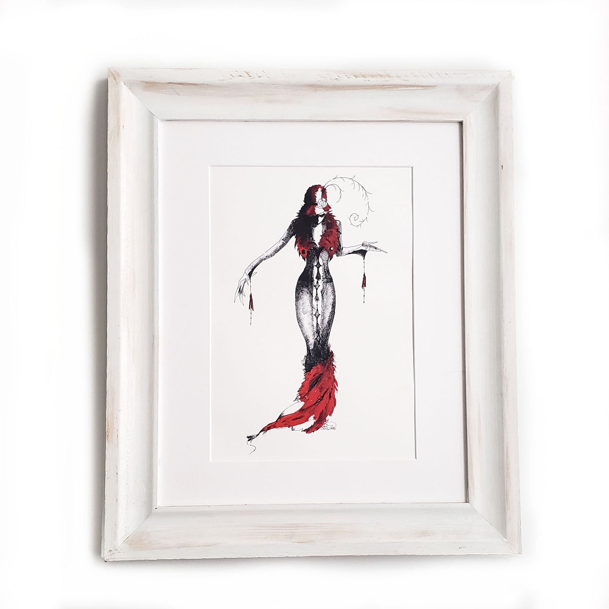 Framed artwork of character MeowCleeva in an ArtDeco style setting wearing a gray and black dress with red fur. by Martha Colón
