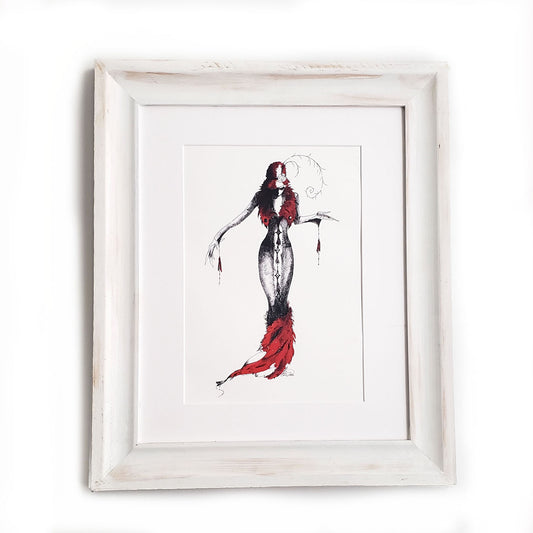 Framed artwork of character MeowCleeva in an ArtDeco style setting wearing a gray and black dress with red fur. by Martha Colón
