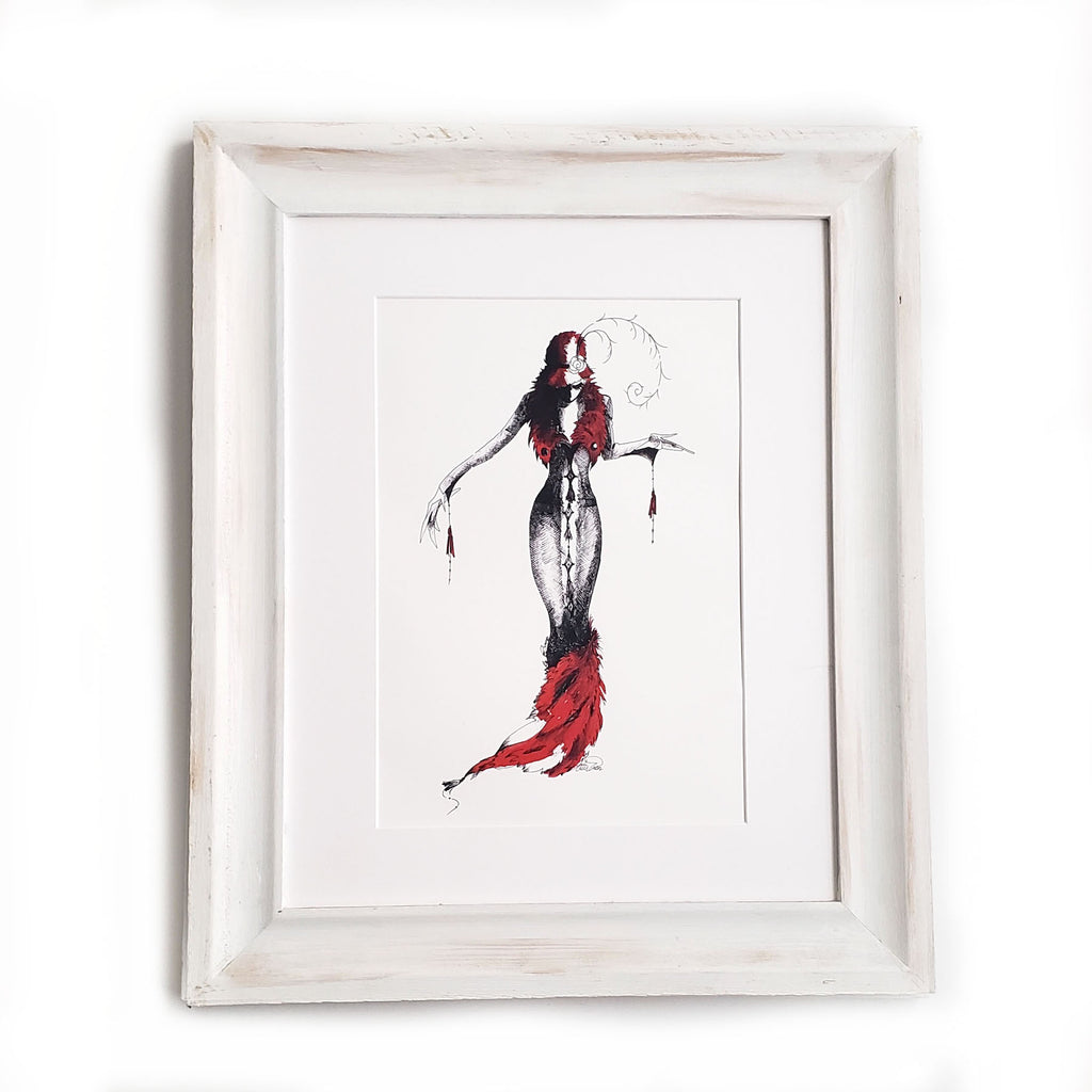 Framed artwork of meowcleeva the character in a red dress and black fur dress illustration by martha colón