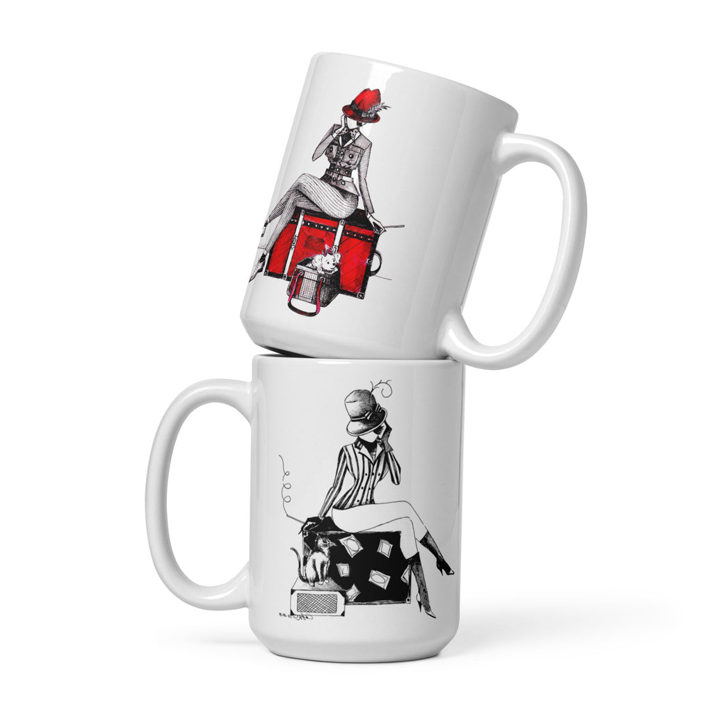 Two stacked mugs with  depictions of MeowCleeva sitting on top of a red suitcase and a white dog in a bag 
 and a black and white trunk with a cat illustrations by martha colón