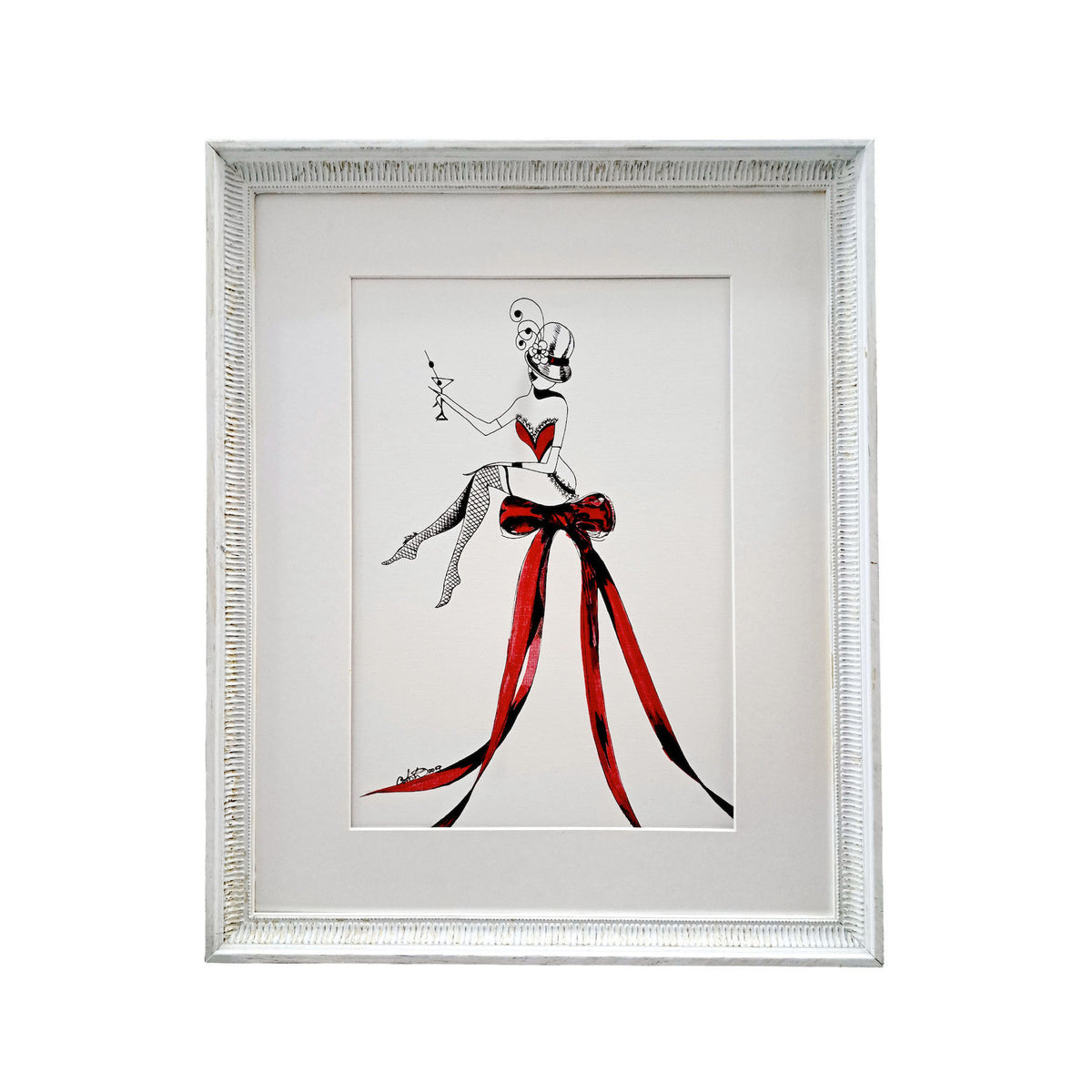 Cabaret Rouge 5x7 matted art print, MeowCleeva perched on a red bow