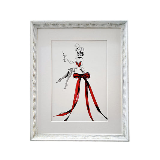 Cabaret Rouge 5x7 matted art print, MeowCleeva perched on a red bow