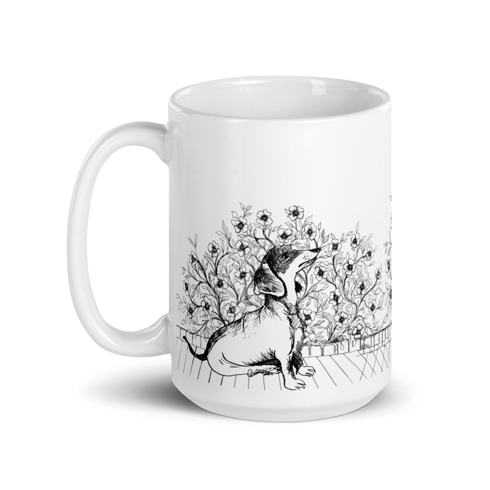 White ceramic mug with  large handle with two black and white dachshunds 
and flower bush illustration by Martha Colón
