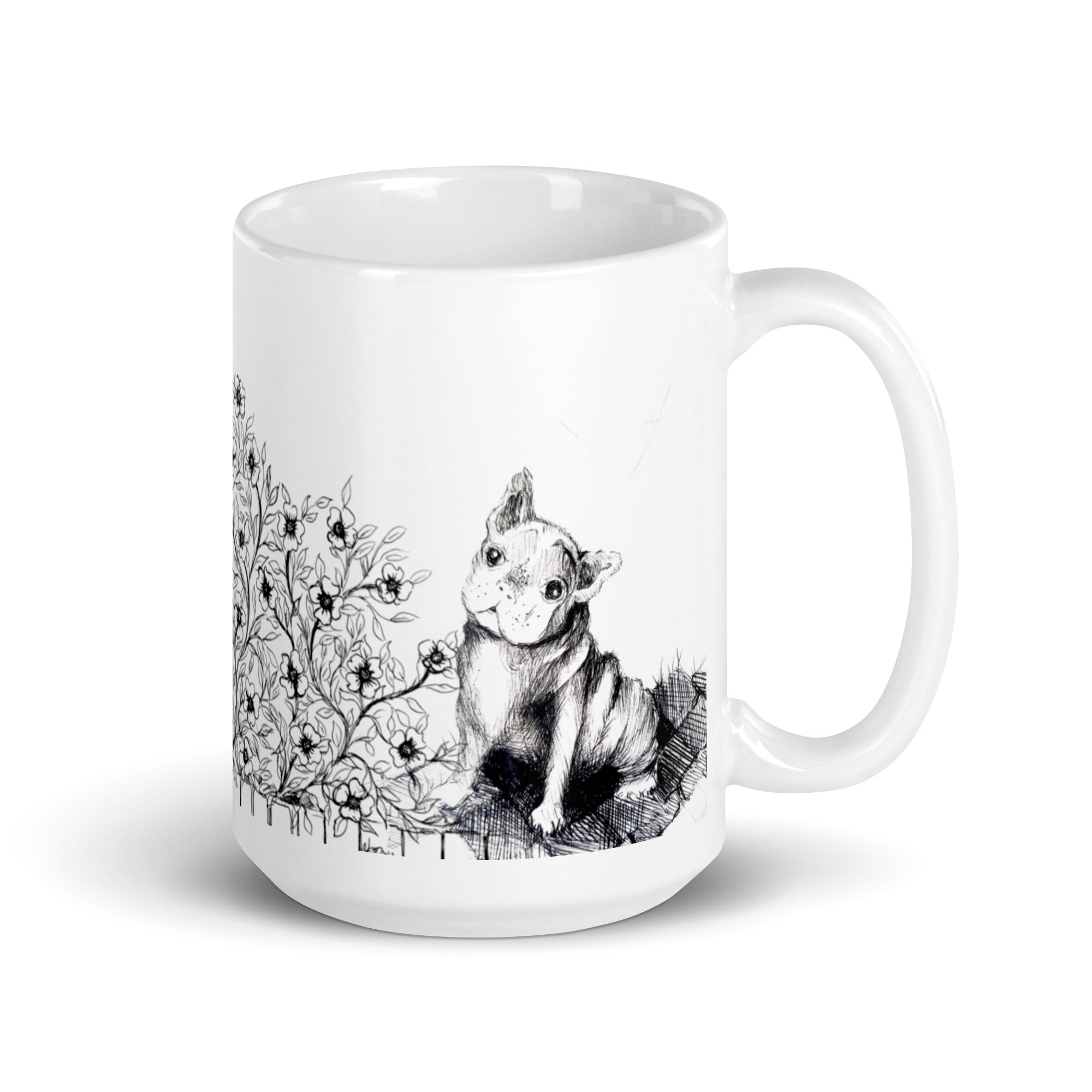 White mug with black and white  French bulldog and flowers illustration by Martha Colón