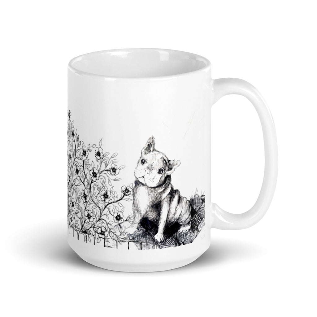 White mug with black and white  French bulldog and flowers illustration by Martha Colón