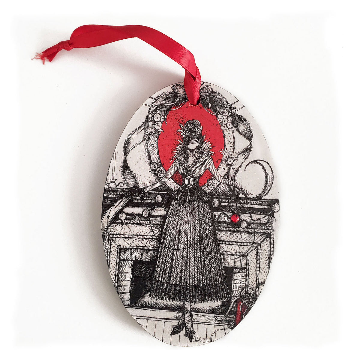 Hand painted wood ornament featuring MeowCleeva® by a festive fireplace, red background, adorned with Swarovski crystals. One of a kind. $125.