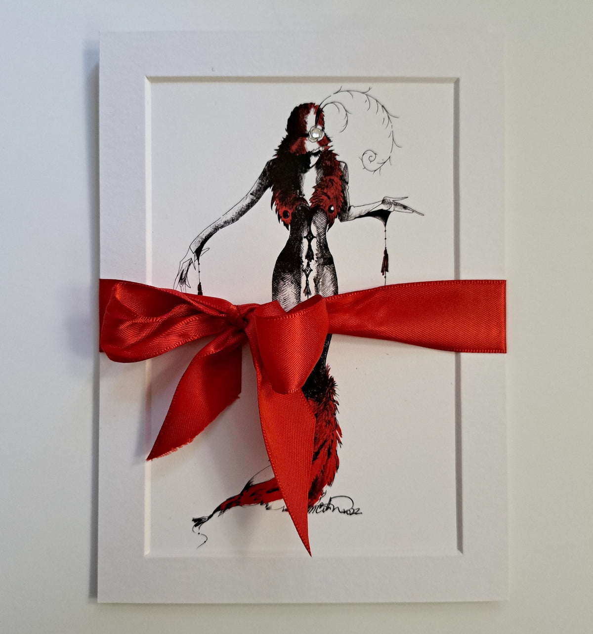 5x7 matted print of the character MeowCleeva in a red and black fashion outfit packaged and wrapped with satin ribbon bow 