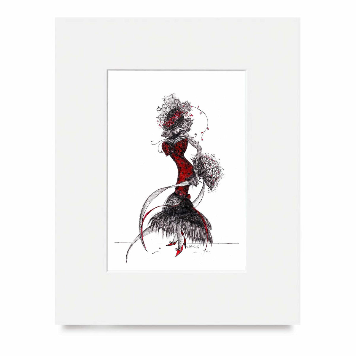 Artistic illustration of the character MeowCleeva in a red dress with black floral details by Martha Colón