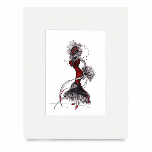 Artistic illustration of the character MeowCleeva in a red dress with black floral details by Martha Colón