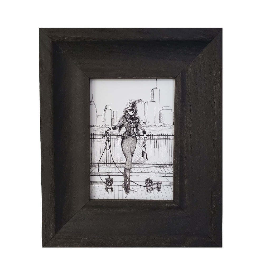 Framed black and white illustration of Meow.Cleeva behind New York City skyline walking two toy yorkies