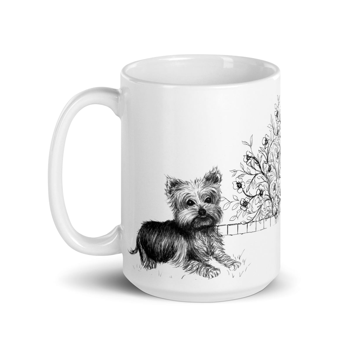 white porcelain  mug with gray and  black tones ,illustration of a Yorkie dog and floral pattern design by Martha Colón