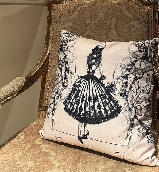 Decorative  chair pillow in black and beige color  with fashion and ornamental pattern design by Martha Colón