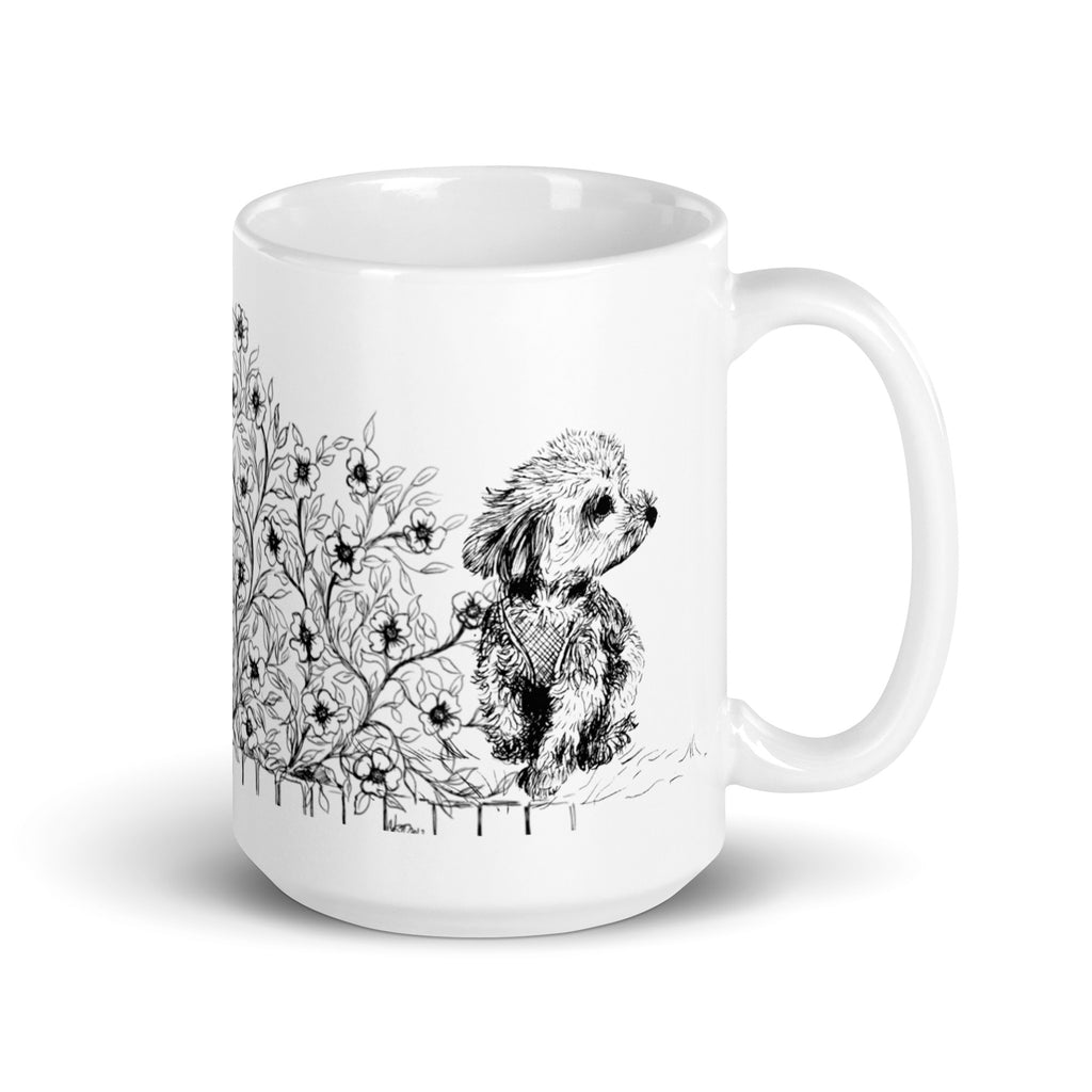 White mug with drawings in  back and gray tones 2  puddles flower pattern design by Martha Colon 