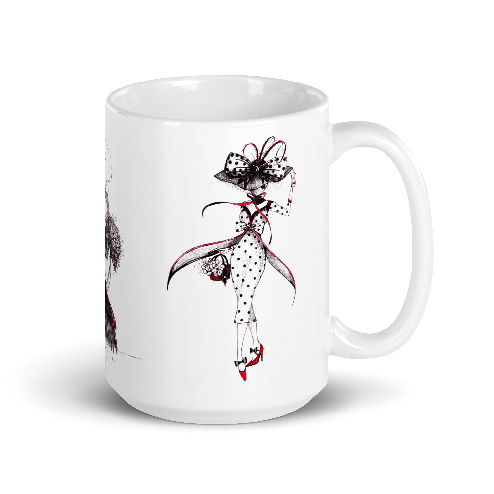 White mug with a decorative design of MeowCleeva in a black and white  polka dot fashion dress and big hat illustrated by Martha Colón